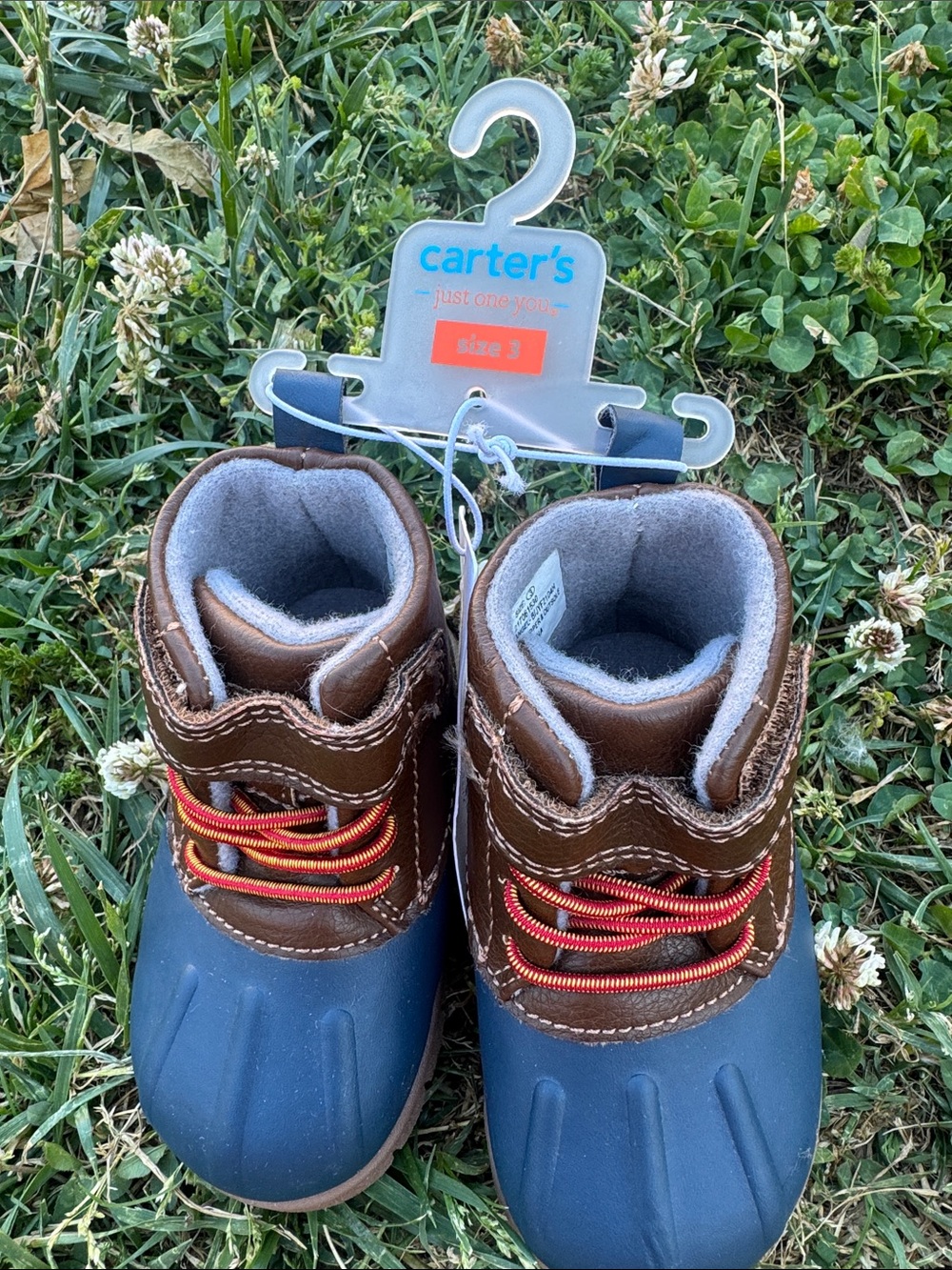 Carter's Navy Blue and Brown Waterproof Kids Duck Boots with Orange Laces